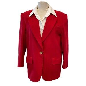 Vintage 1980s 100% Wool Red Lined Blazer Brass Buttons Women Sz 10 As Is